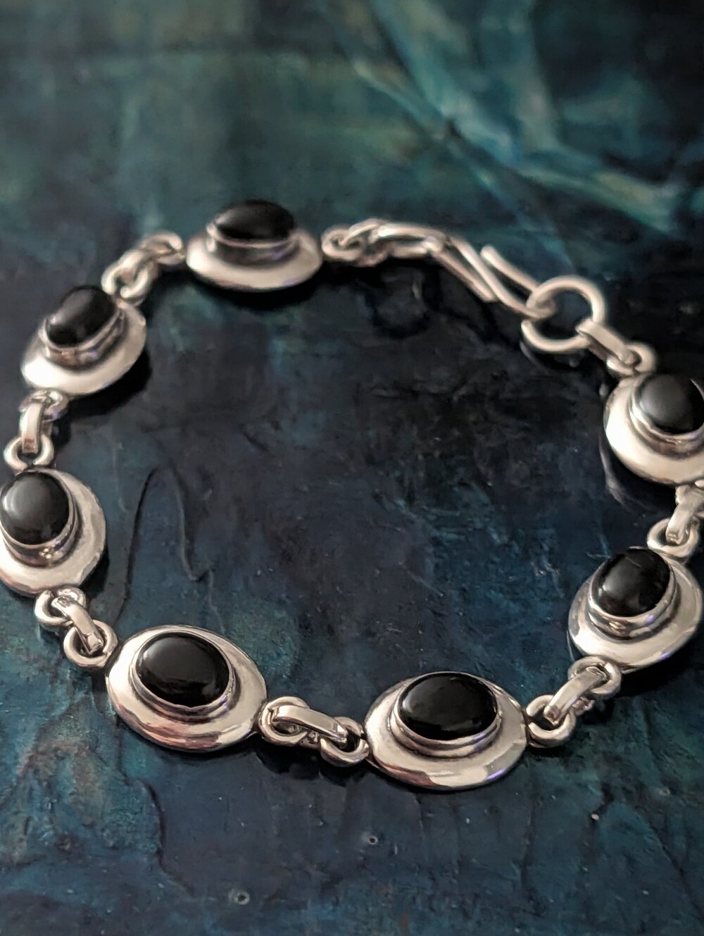Vintage Sterling Silver Black Onyx Link Bracelet 7.5"